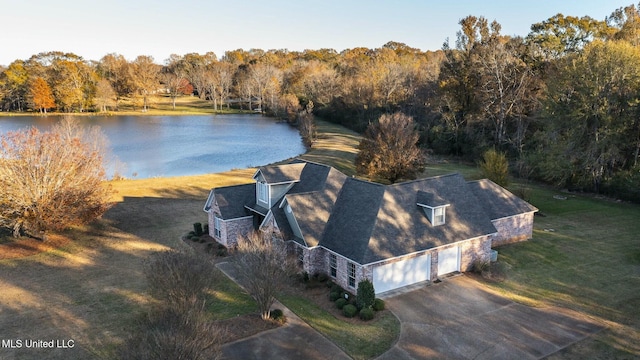 aerial view featuring a water view