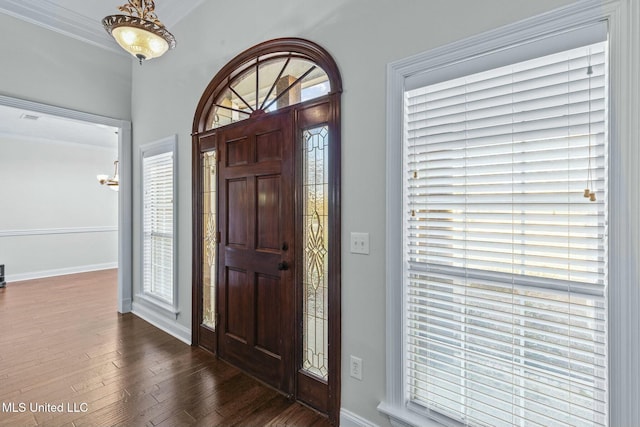 foyer entrance with ornamental molding and dark hardwood / wood-style flooring