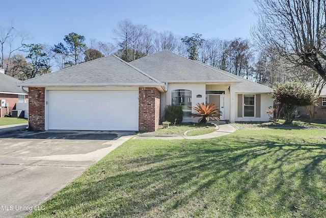 single story home featuring an attached garage, driveway, a front lawn, and brick siding