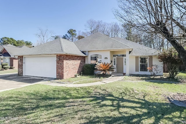 single story home featuring a garage, a shingled roof, concrete driveway, a front yard, and brick siding