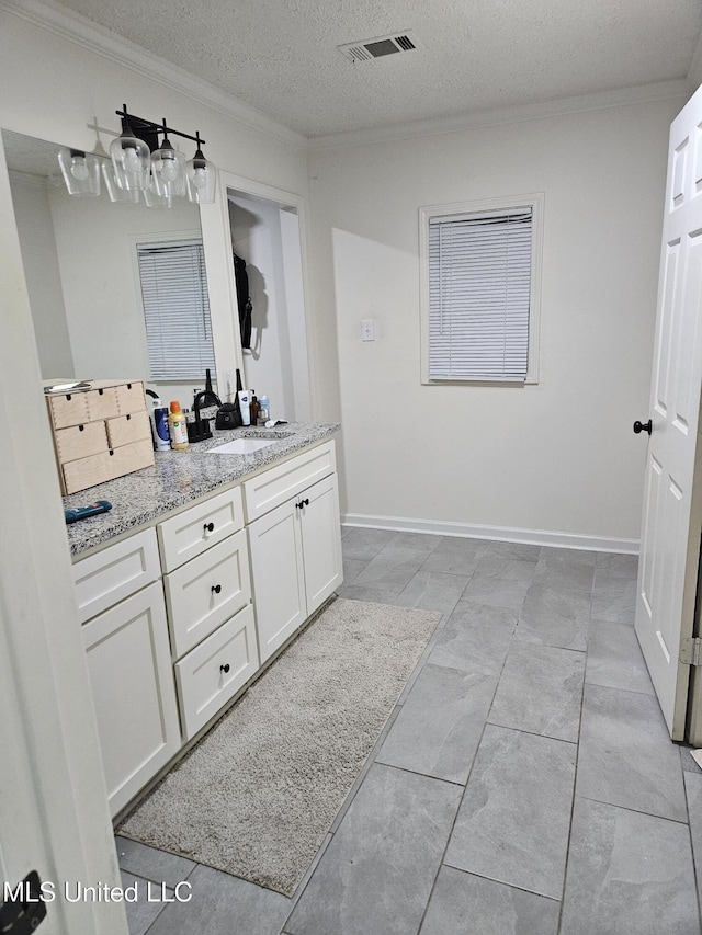 bathroom with crown molding, vanity, a textured ceiling, and visible vents