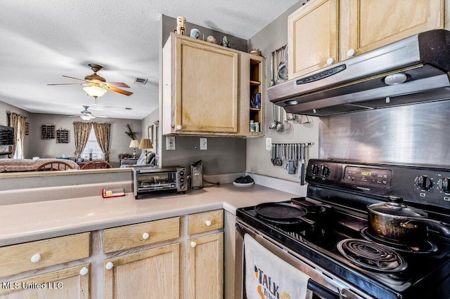 kitchen featuring black electric range, light brown cabinets, a textured ceiling, and ceiling fan