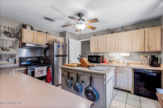 kitchen featuring ceiling fan, sink, light brown cabinets, light tile patterned flooring, and black appliances