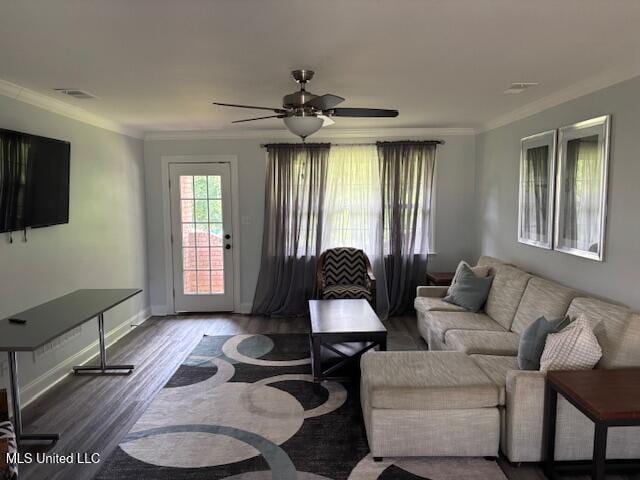 220 Forked Creek Pkwy, Hernando, MS 38632 - living room featuring wood finished floors, crown molding, a ceiling fan, and baseboards