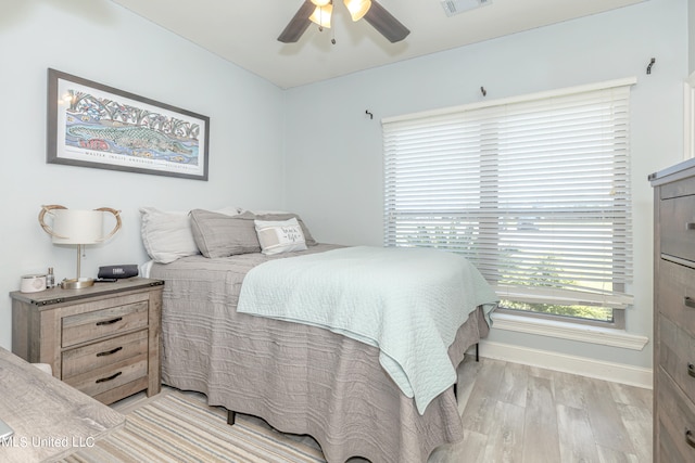 bedroom with ceiling fan and light wood-type flooring