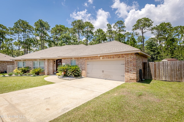 single story home featuring a front lawn and a garage