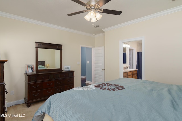 carpeted bedroom featuring ensuite bathroom, ceiling fan, and ornamental molding