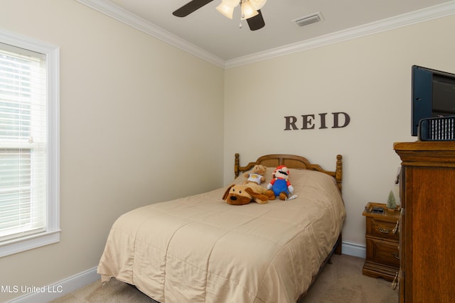 bedroom with light colored carpet, ceiling fan, and ornamental molding