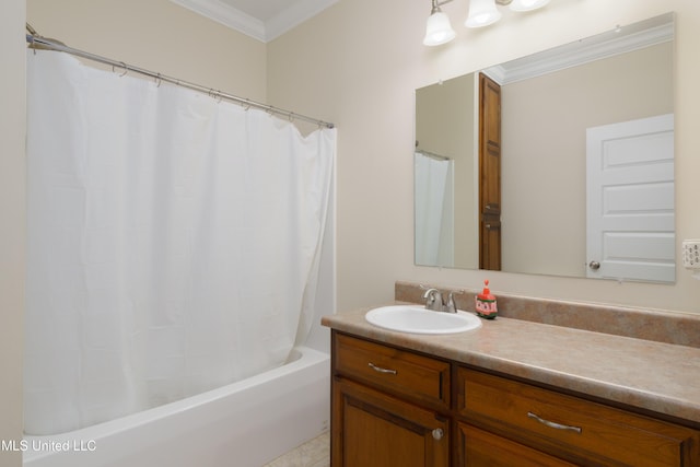 bathroom with tile patterned floors, vanity, ornamental molding, and shower / tub combo with curtain