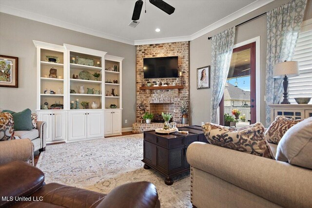107 Sweetbriar Cir, Canton, MS 39046 - living area with a ceiling fan, a fireplace, crown molding, and light wood-style floors