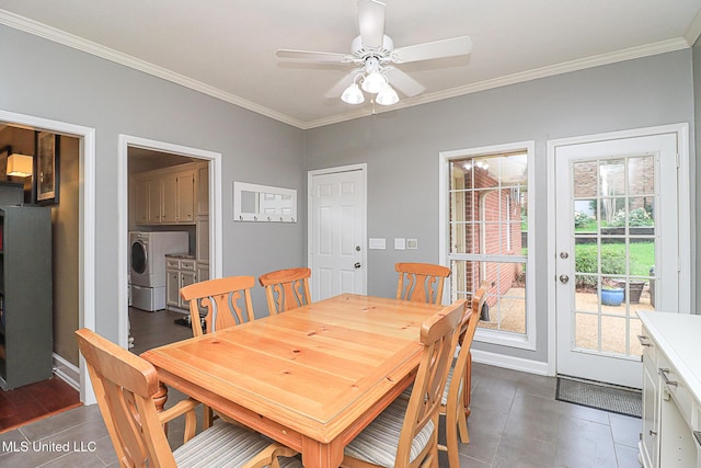 dining room with ornamental molding, a ceiling fan, and independent washer and dryer
