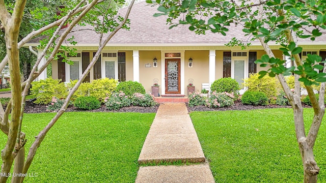 view of front of house with stucco siding, roof with shingles, and a front lawn
