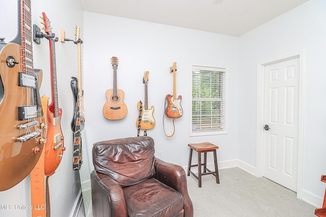 sitting room with light colored carpet and baseboards