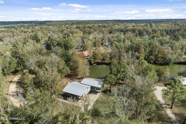 bird's eye view featuring a water view and a forest view