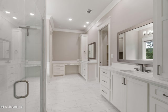 9 Sanctuary Ln, Sumrall, MS 39482 - bathroom featuring visible vents, crown molding, a shower stall, a sink, and marble finish floor