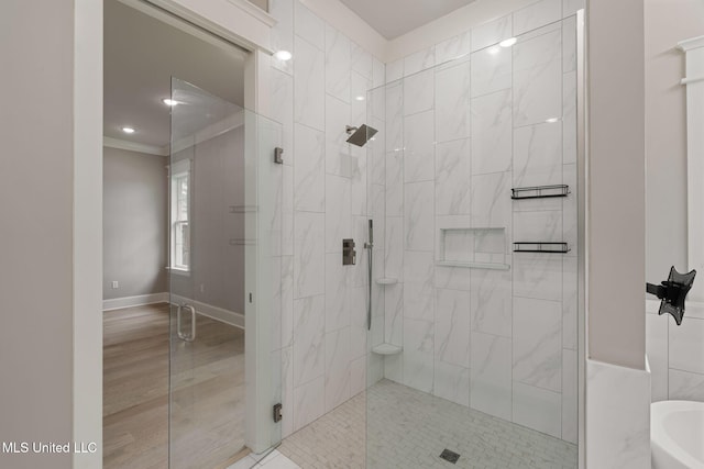 9 Sanctuary Ln, Sumrall, MS 39482 - full bathroom with crown molding, a shower stall, and recessed lighting