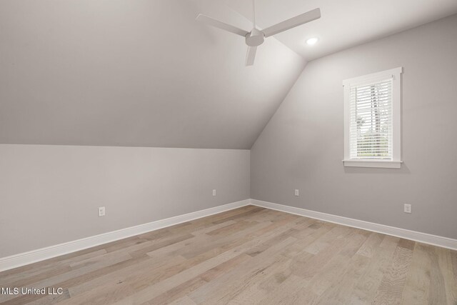 9 Sanctuary Ln, Sumrall, MS 39482 - additional living space with a ceiling fan, vaulted ceiling, baseboards, light wood-style floors, and recessed lighting