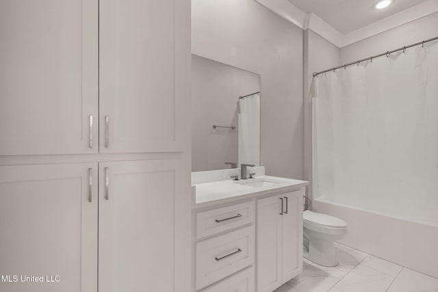9 Sanctuary Ln, Sumrall, MS 39482 - bathroom with shower / bathtub combination with curtain, vanity, toilet, marble finish floor, and recessed lighting