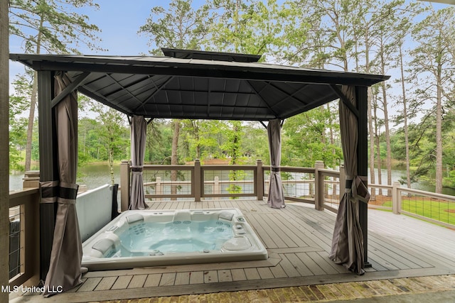 9 Sanctuary Ln, Sumrall, MS 39482 - wooden deck featuring a water view, a gazebo, and hot tub deck surround