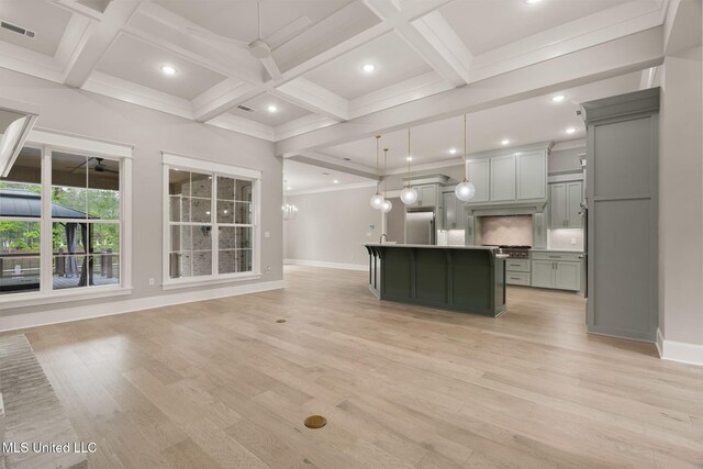 9 Sanctuary Ln, Sumrall, MS 39482 - kitchen with visible vents, built in fridge, baseboards, gray cabinetry, and coffered ceiling
