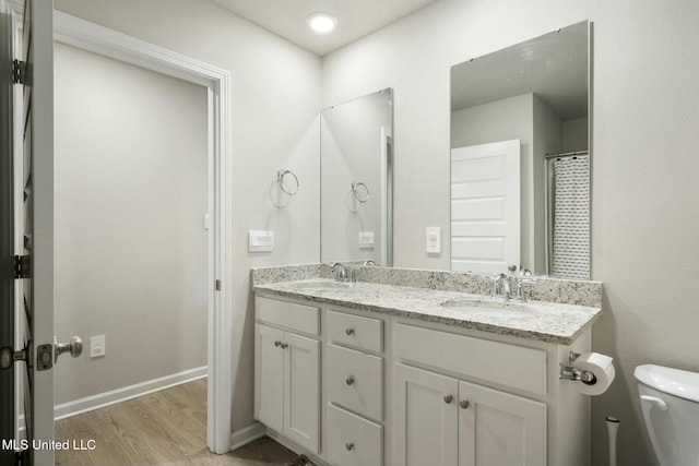 bathroom with vanity, toilet, and wood-type flooring