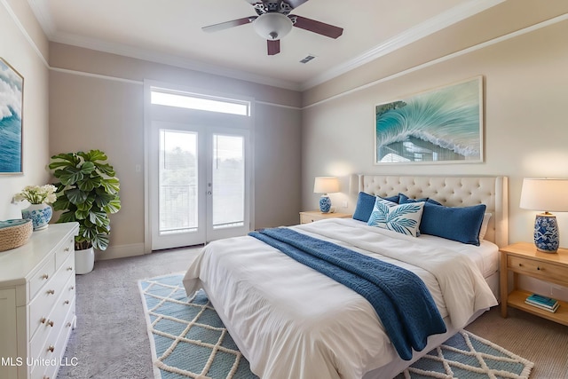 25 Oak Alley Ln Unit 25, Long Beach, MS 39560 - bedroom with light colored carpet, access to outside, ornamental molding, and a ceiling fan