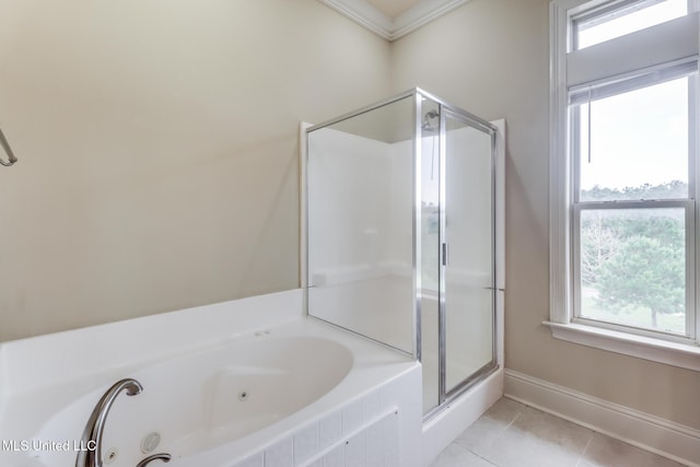 25 Oak Alley Ln Unit 25, Long Beach, MS 39560 - full bathroom with a shower stall, a whirlpool tub, crown molding, and tile patterned flooring