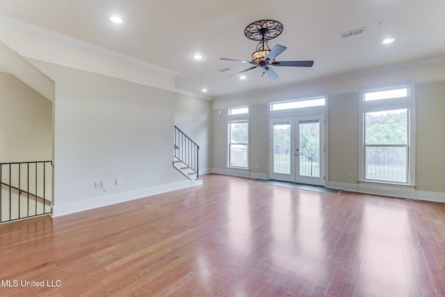 25 Oak Alley Ln Unit 25, Long Beach, MS 39560 - unfurnished living room with ornamental molding, ceiling fan, light wood-style floors, recessed lighting, and stairs