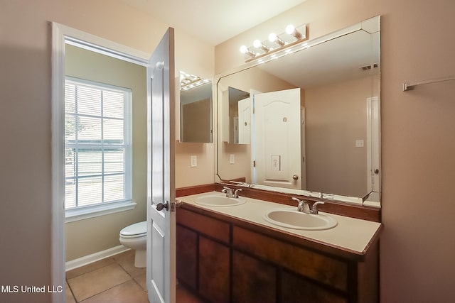 bathroom with toilet, tile patterned flooring, and vanity