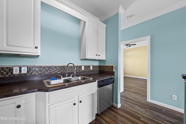 1515 E Beach Blvd Unit 114, Pass Christian, MS 39571 - kitchen with dishwasher, a sink, dark countertops, ornamental molding, and white cabinetry