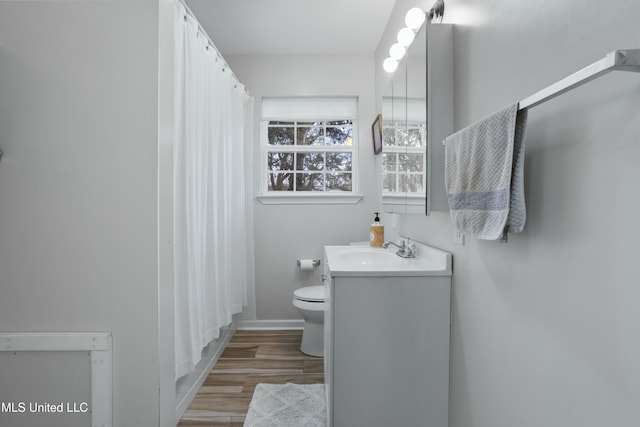 bathroom featuring hardwood / wood-style flooring, vanity, and toilet