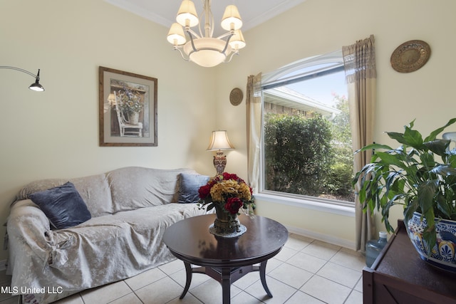 311 Pinecrest Blvd, Long Beach, MS 39560 - living room featuring a chandelier, light tile patterned floors, ornamental molding, and baseboards