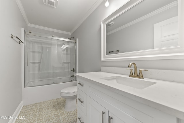 full bathroom with vanity, shower / bath combination with glass door, toilet, and ornamental molding