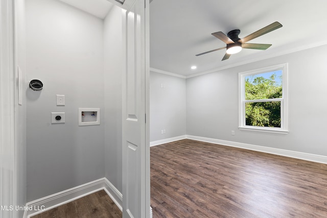 laundry room with hookup for a washing machine, ceiling fan, crown molding, electric dryer hookup, and dark hardwood / wood-style floors