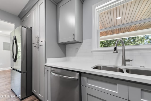 kitchen with backsplash, gray cabinetry, sink, and appliances with stainless steel finishes