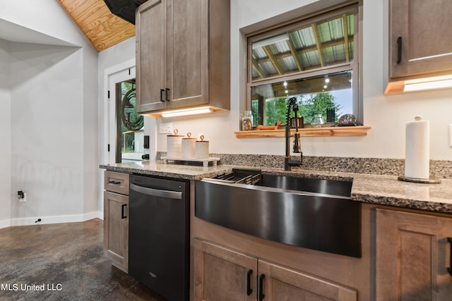 25905 Leetown Rd, Picayune, MS 39466 - kitchen featuring stainless steel dishwasher, stone countertops, finished concrete flooring, vaulted ceiling, and wood ceiling