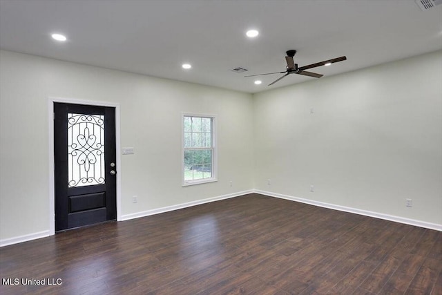 entryway with ceiling fan and dark hardwood / wood-style floors