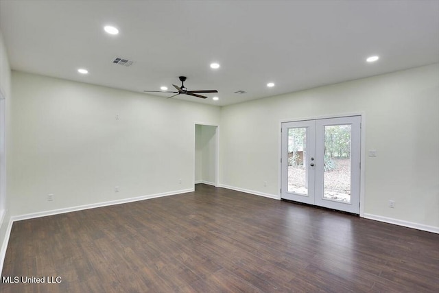 empty room featuring french doors, dark hardwood / wood-style flooring, and ceiling fan