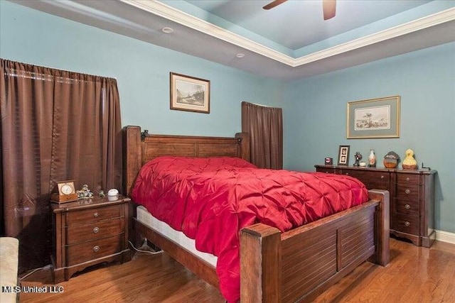 19101 Rucks Krans Rd, Moss Point, MS 39562 - bedroom with wood finished floors, a tray ceiling, and ceiling fan
