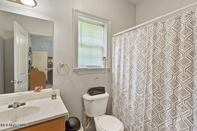 19101 Rucks Krans Rd, Moss Point, MS 39562 - bathroom with vanity, toilet, and a shower with shower curtain