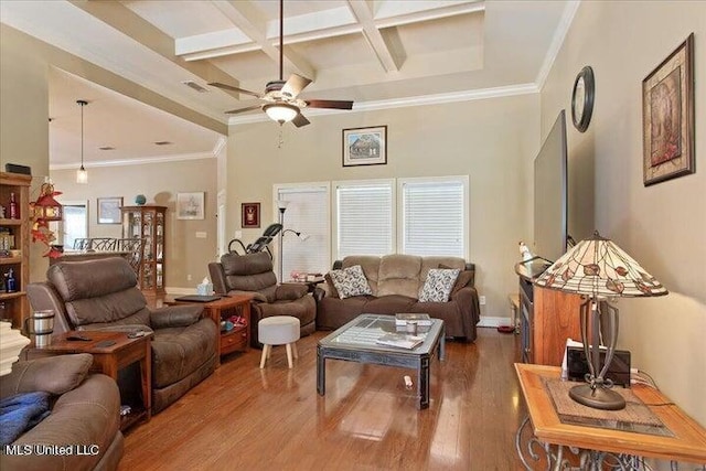 19101 Rucks Krans Rd, Moss Point, MS 39562 - living area featuring wood finished floors, coffered ceiling, a ceiling fan, beamed ceiling, and baseboards