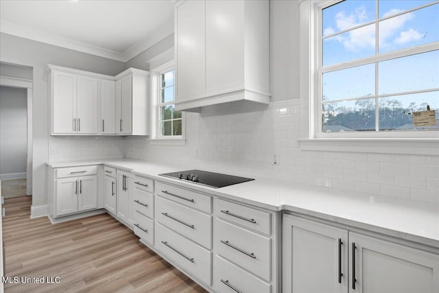 kitchen featuring white cabinetry, backsplash, a wealth of natural light, and light wood-type flooring