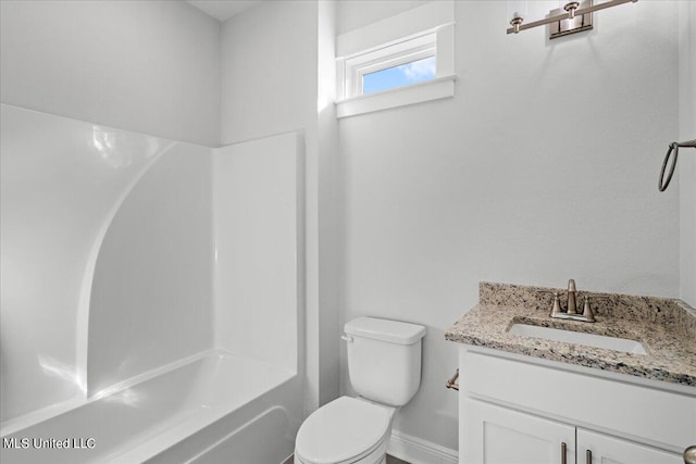 full bathroom featuring toilet, shower / bathing tub combination, and vanity