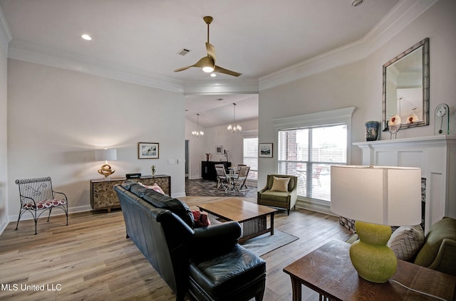 312 Faith Way, Brandon, MS 39042 - living room featuring a chandelier, recessed lighting, ceiling fan, light wood-style floors, and ornamental molding