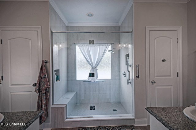 312 Faith Way, Brandon, MS 39042 - bathroom featuring vanity, a shower stall, and crown molding