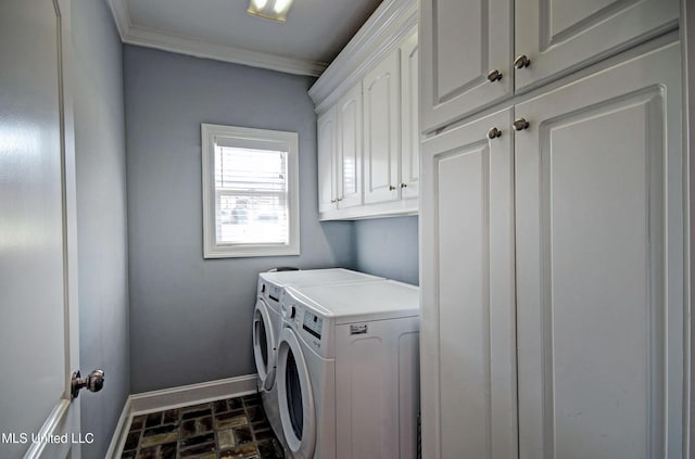 312 Faith Way, Brandon, MS 39042 - laundry room with cabinet space, independent washer and dryer, baseboards, ornamental molding, and brick patterned floors