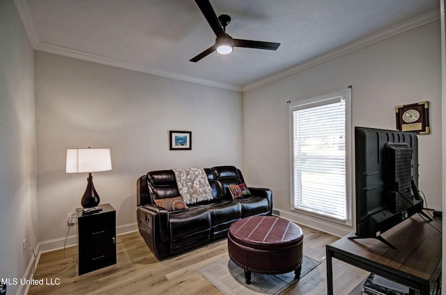 312 Faith Way, Brandon, MS 39042 - living room featuring ceiling fan, baseboards, light wood-style floors, and crown molding