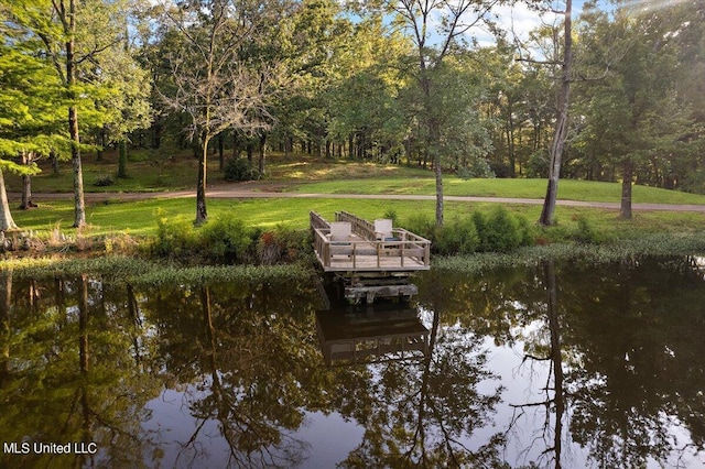 dock area featuring a lawn and a water view