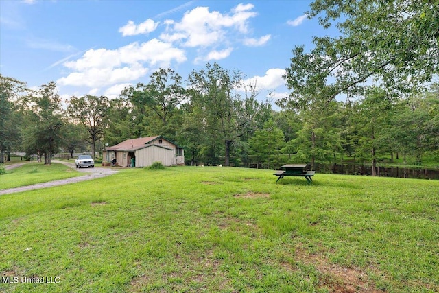 view of yard featuring dirt driveway and a forest view