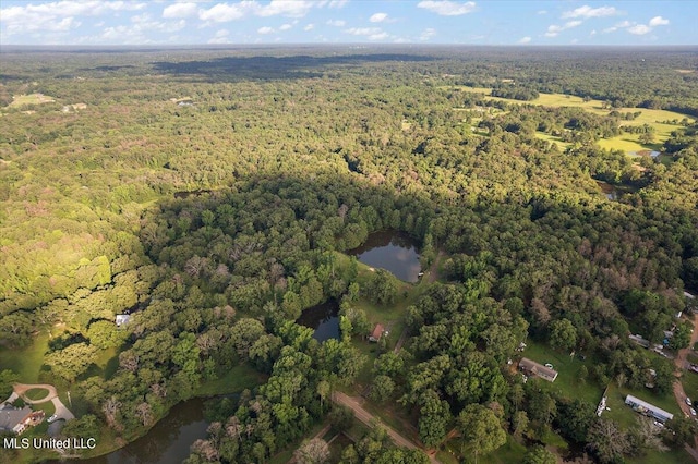 drone / aerial view featuring a wooded view and a water view